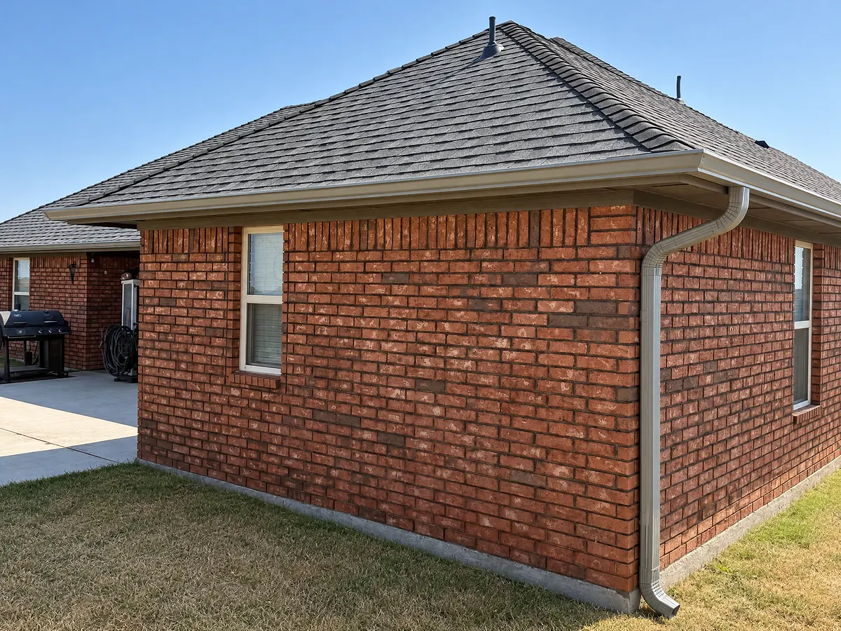 Gutter and downspout on a residential brick home