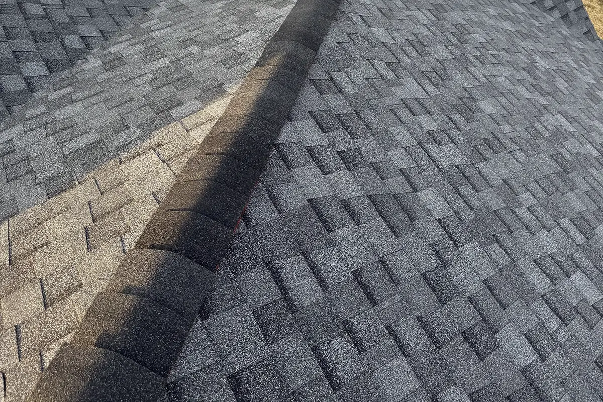 Shingled roof ridge on a residential home